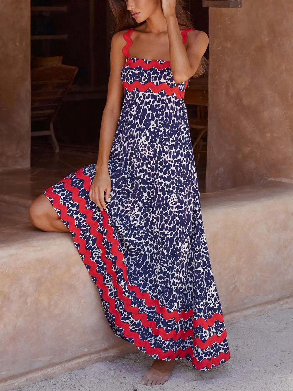 Aurohaya Suspender Print Maxi Dress Dark Blue