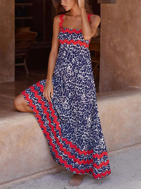 Aurohaya Suspender Print Maxi Dress Dark Blue