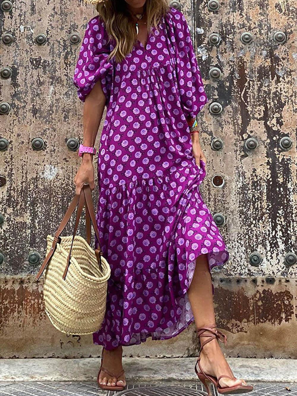 Aurohaya Bohemian Printed Maxi Dress Purple