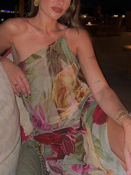 Aurohaya Halter Neck Backless High Slit Printed Dress