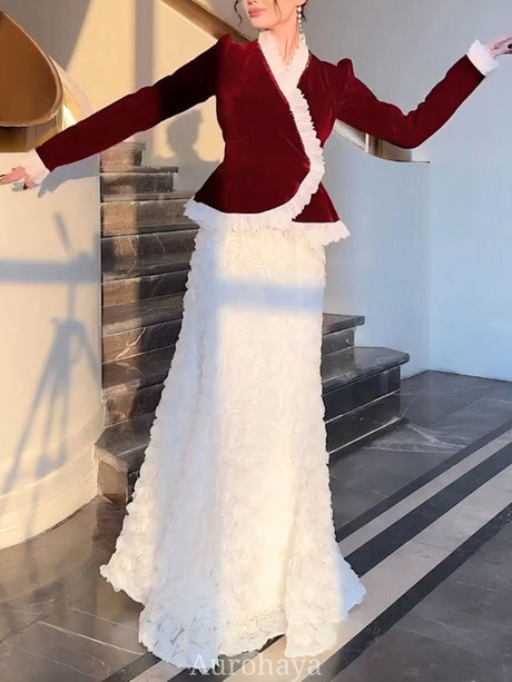 Aurohaya Velvet Ruffle Evening Dress Set — Peplum Blazer & Floral Mermaid Skirt