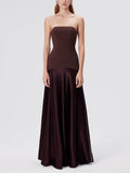 Aurohaya Elegant Satin One-Shoulder A-Line Maxi Dress Brown