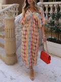 Unique Mosaic Printed Puff Sleeve Pleated Midi Dress