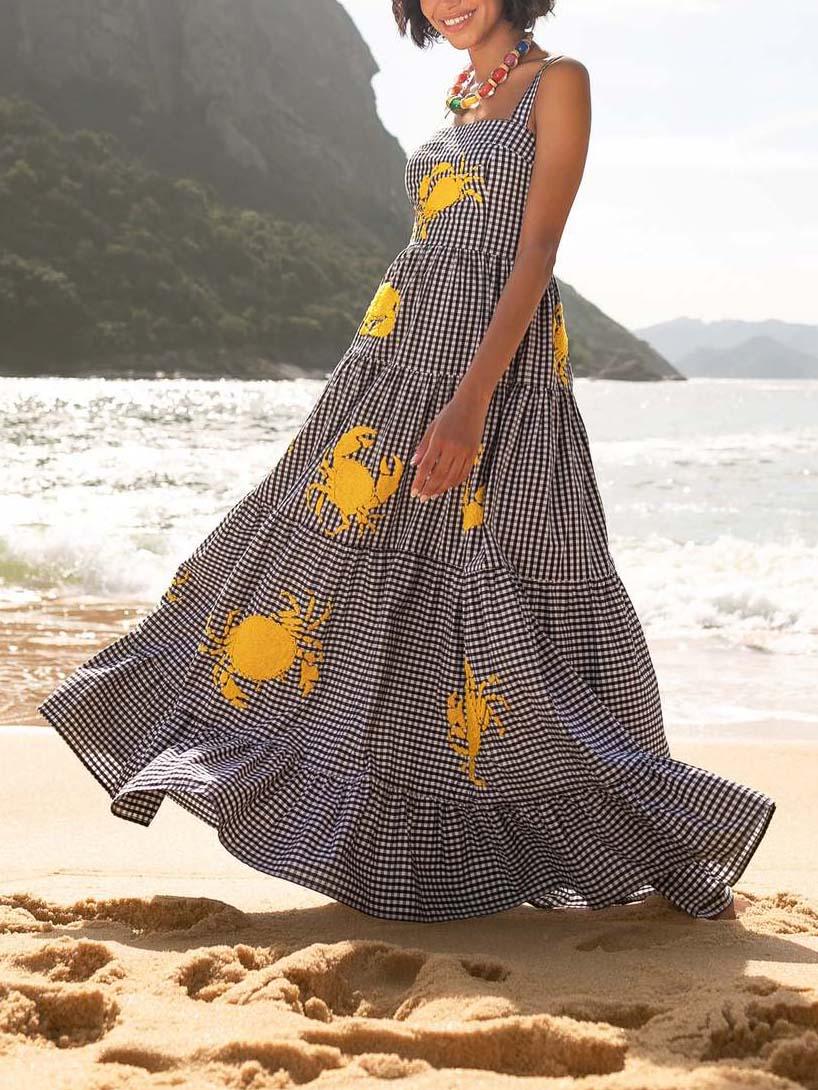 Aurohaya Holiday Embroidered Crab Pattern Swing Maxi Dress Black & Yellow
