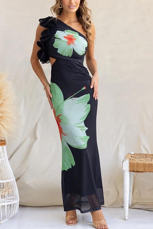 Aurohaya Fashion One Shoulder Floral Print Fitted Maxi Dress