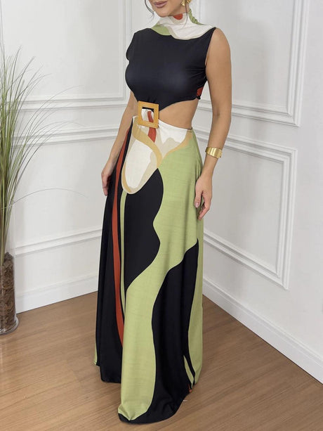 Aurohaya Elegant Abstract Floral Print Cutout Dress Multi