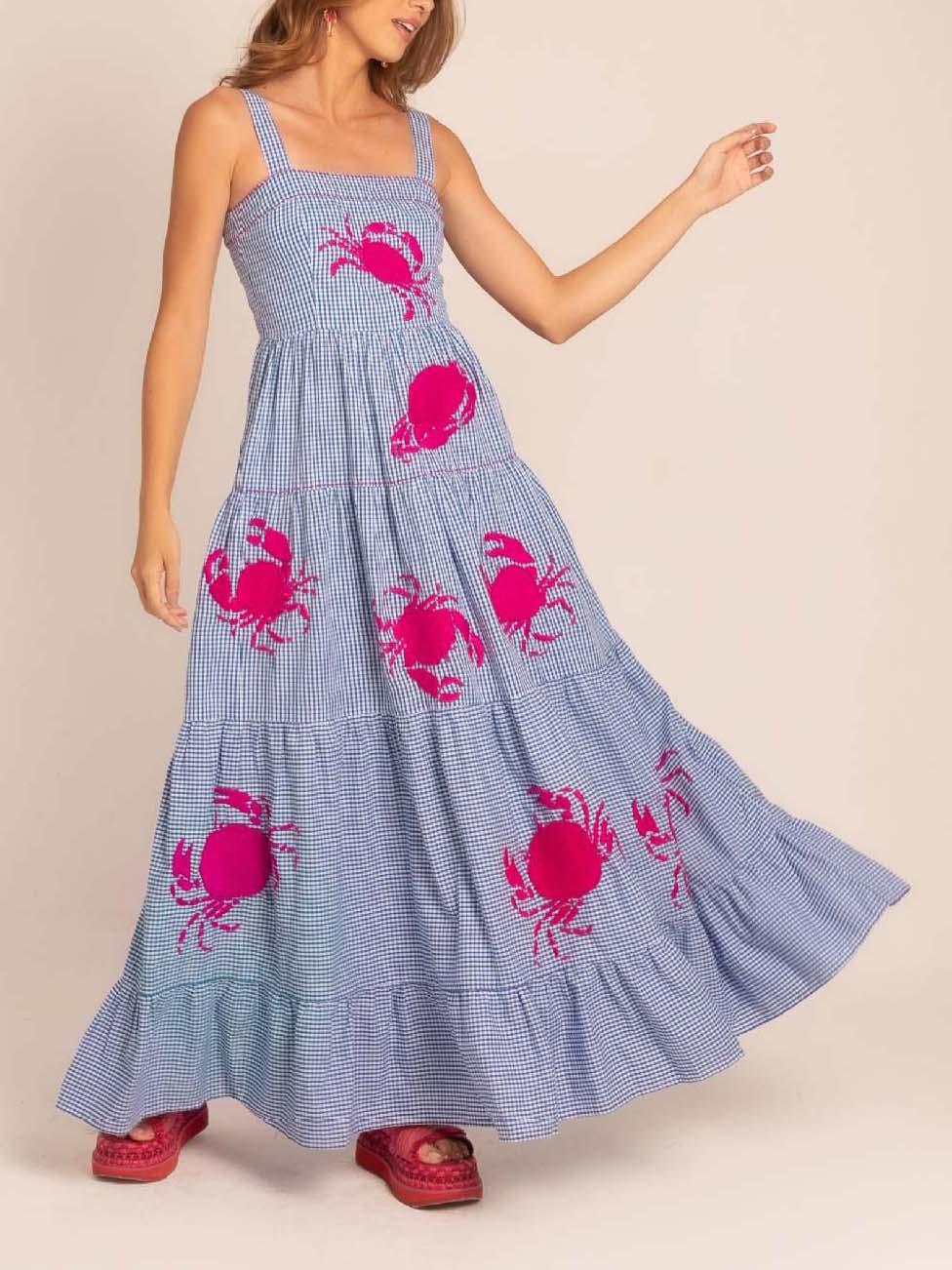 Aurohaya Holiday Embroidered Crab Pattern Swing Maxi Dress Blue & Pink