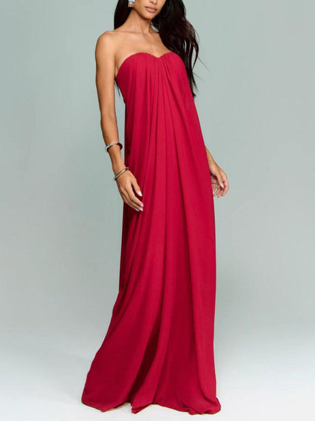 Aurohaya Elegant Strapless A-Line Pleated Maxi Dress