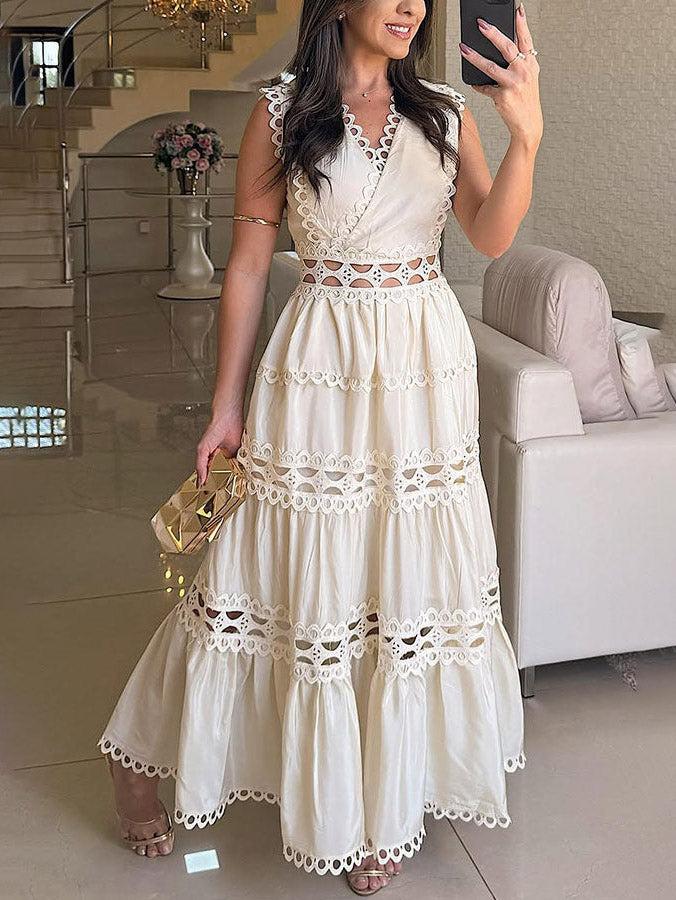 Aurohaya Vintage Sleeveless Lace Embroidered Hollow Maxi Dress Apricot