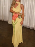 Elegant Painted Flower Print Scarf Ribbon Maxi Dress