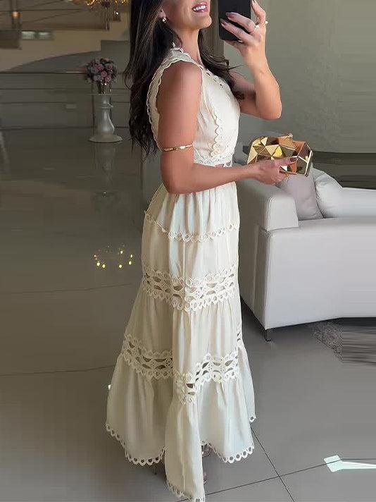 Aurohaya Vintage Sleeveless Lace Embroidered Hollow Maxi Dress