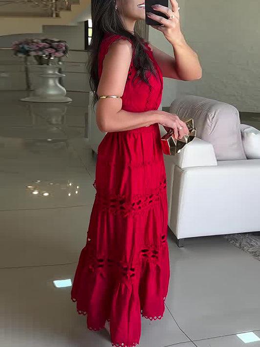 Aurohaya Vintage Sleeveless Lace Embroidered Hollow Maxi Dress