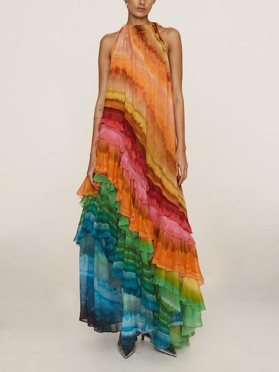 Aurohaya Unique Colorful Print Ruffle Maxi Dress