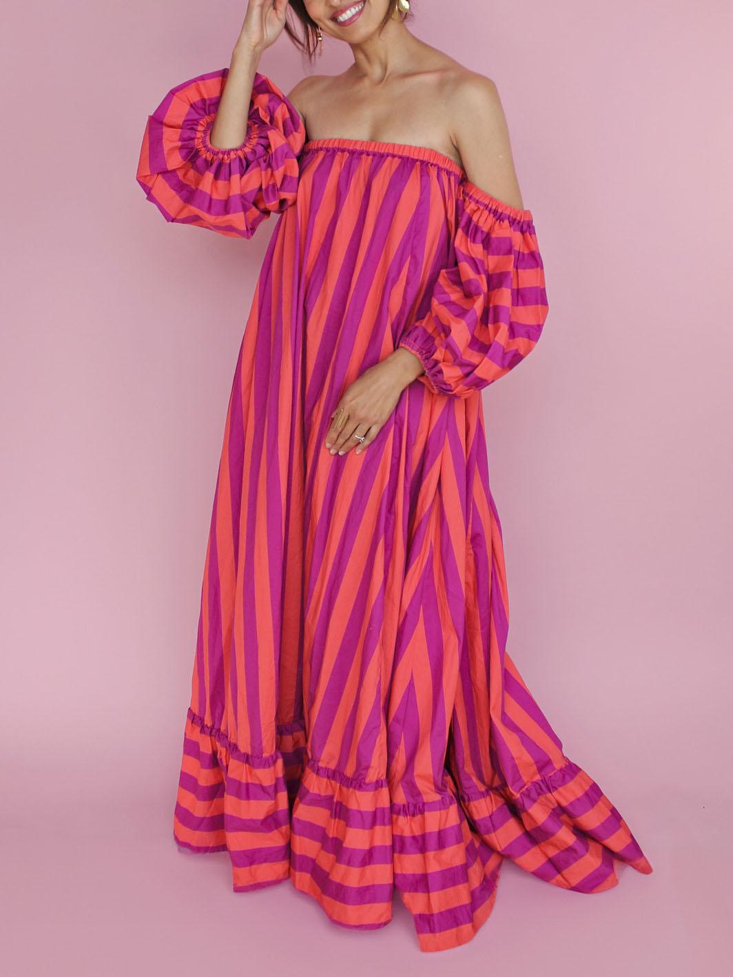 Aurohaya Stunning Unique Stripe Print Puff Sleeve Maxi Dress