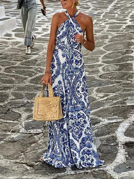 Aurohaya Delicate Floral Print Halterneck Maxi Dress