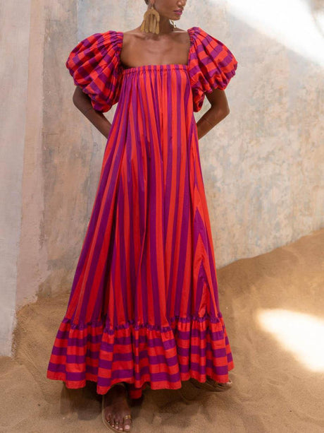 Aurohaya Stunning Unique Stripe Print Puff Sleeve Maxi Dress