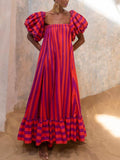Aurohaya Stunning Unique Stripe Print Puff Sleeve Maxi Dress