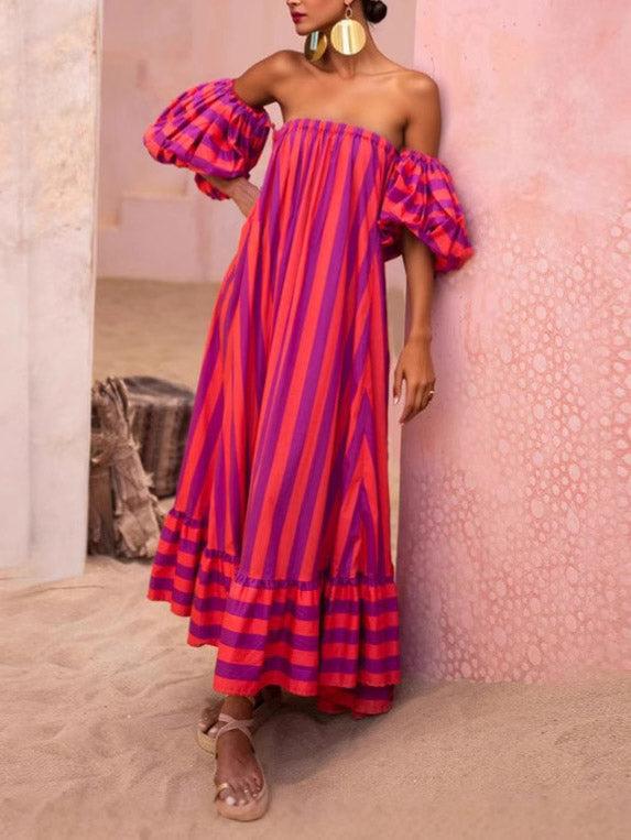 Aurohaya Stunning Unique Stripe Print Puff Sleeve Maxi Dress