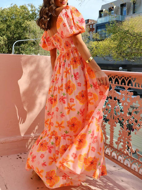 Aurohaya Floral Print Puff Sleeve Back Smocked Pocket Maxi Dress