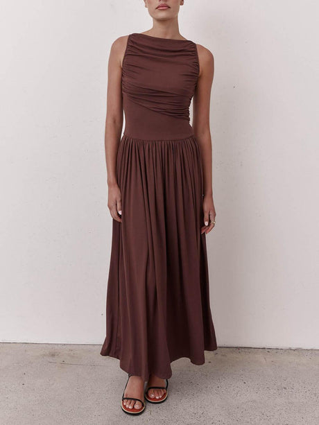 Aurohaya Elegant Pleated Sleeveless Maxi Dress Red