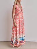 Unique Ink-Print V-Neck Lace-Up Loose-Fitting A-Line Maxi Dress