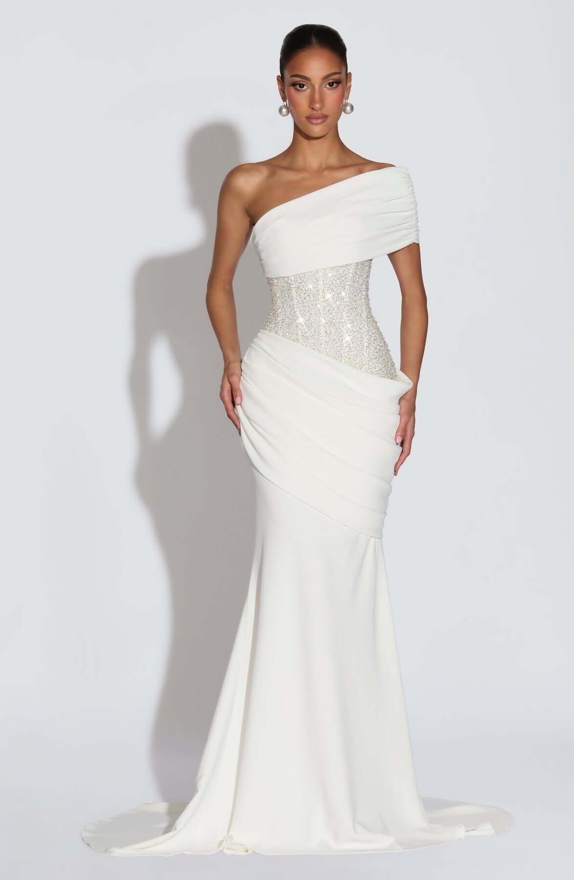 Aurohaya Cléa Asymmetric Off-Shoulder Maxi Dress White