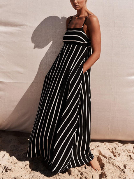 Aurohaya Classic Stripe Printed Stitching Loose Maxi Dress