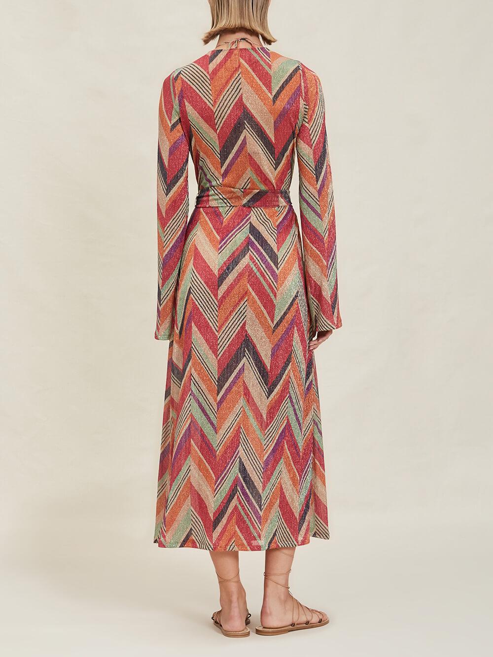 Aurohaya Beach Resort Geometric Print Bell Sleeve Cardigan Midi Dress