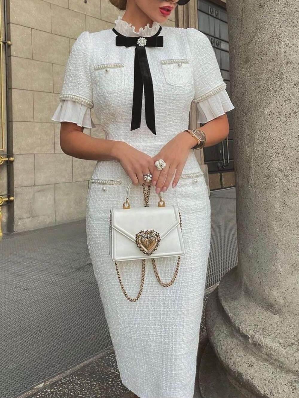 Aurohaya Tweed Pearl Trim Bow Design Formal Midi Dress White