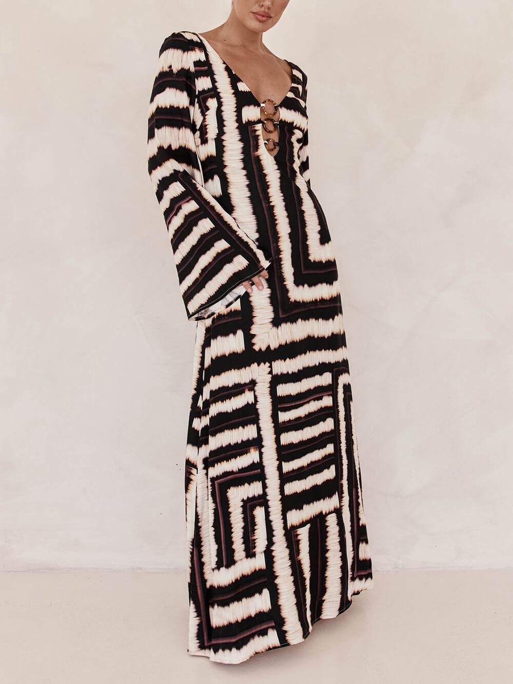 Aurohaya Bohemian Style Unique Printed V Tie Ring Maxi Dress Black