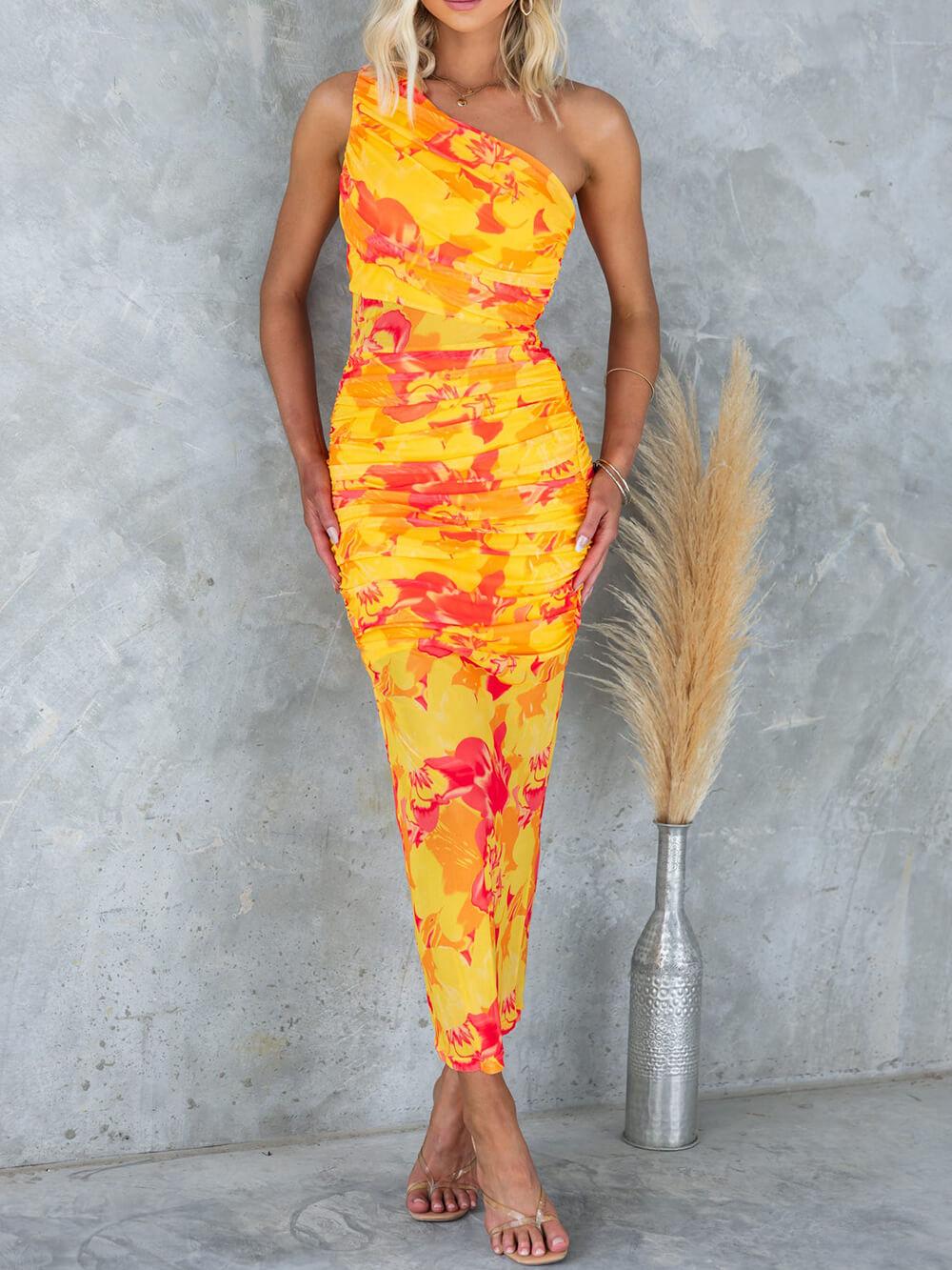 Aurohaya Mesh Overlay Printed One Shoulder Ruched Stretch Maxi Dress Yellow