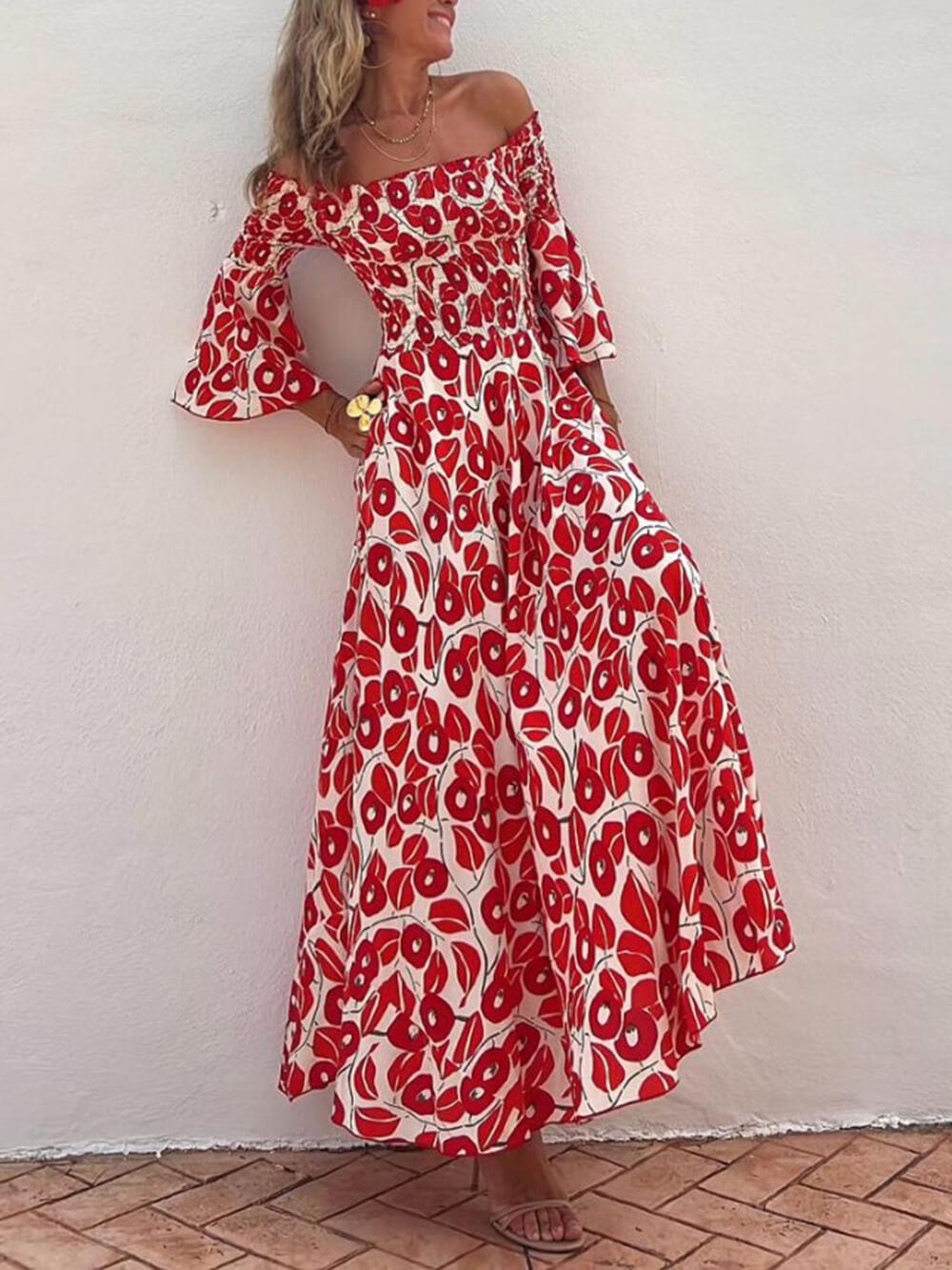 Aurohaya Floral Print Smocked Off Shoulder Pocketed Maxi Dress Red