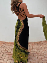 Aurohaya Unique Summer Adventures Tie-dye Print Back Lace-up Stretch Maxi Dress Green