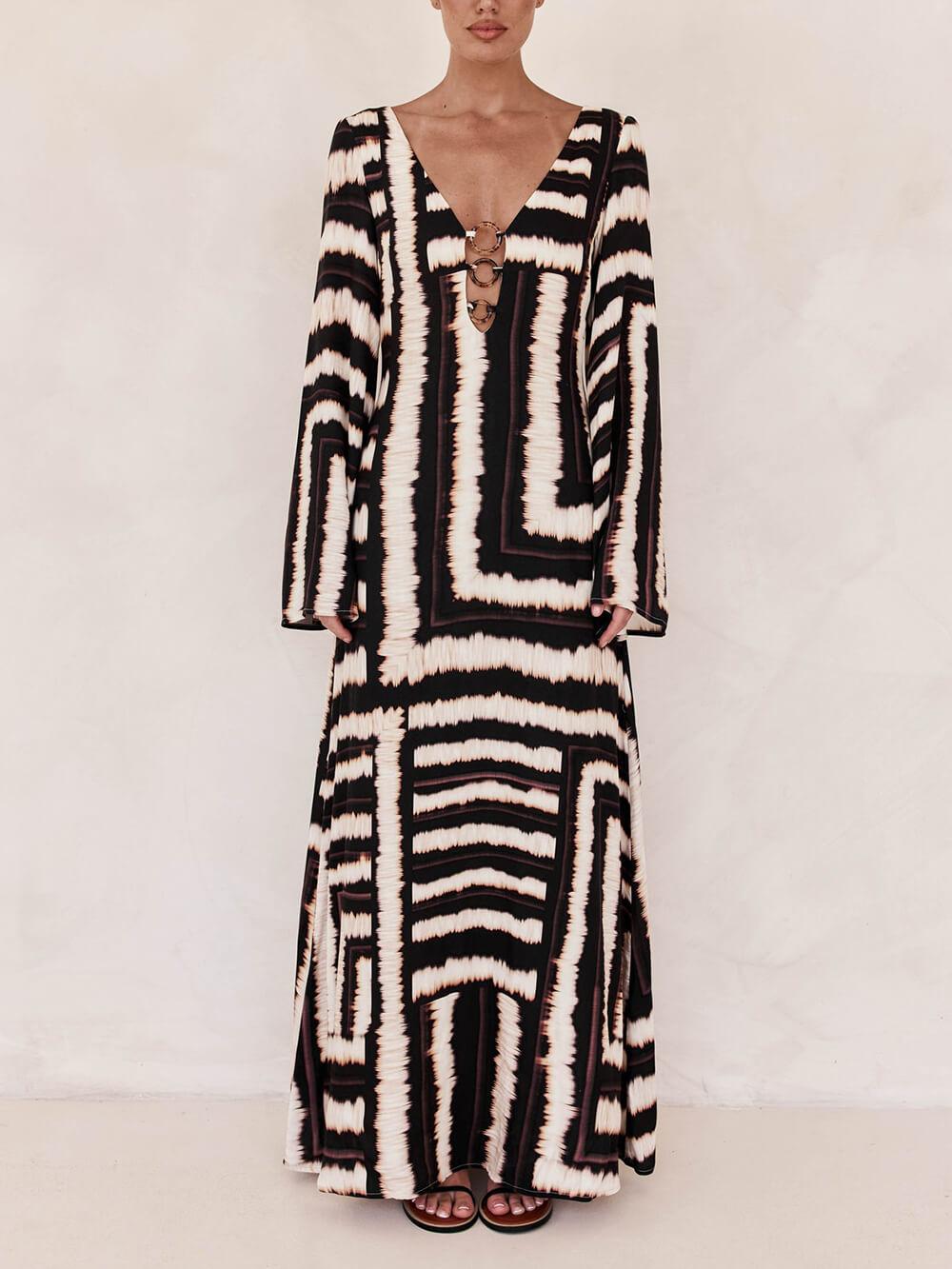 Aurohaya Bohemian Style Unique Printed V Tie Ring Maxi Dress