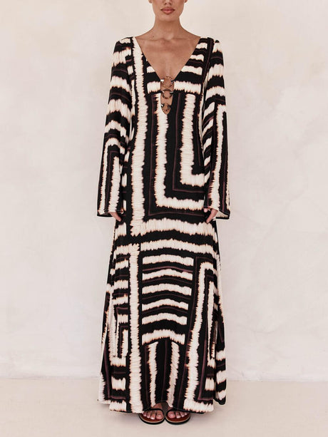 Aurohaya Bohemian Style Unique Printed V Tie Ring Maxi Dress