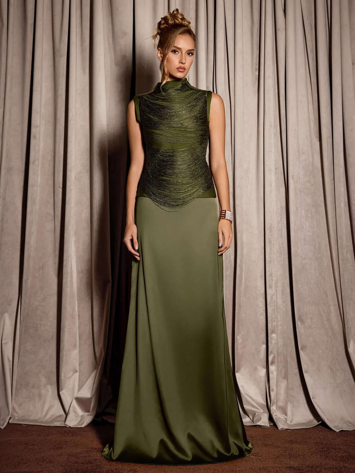 Aurohaya Jacqueline Satin High-Neck Evening Dress Green