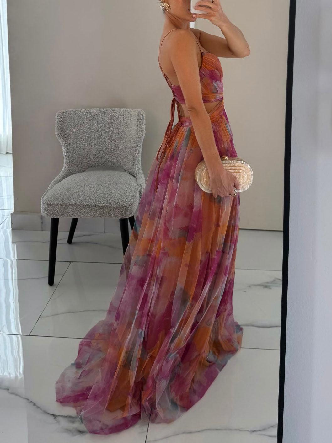 Aurohaya Elegant Painted Floral Print V-Neck A-Line Maxi Dress