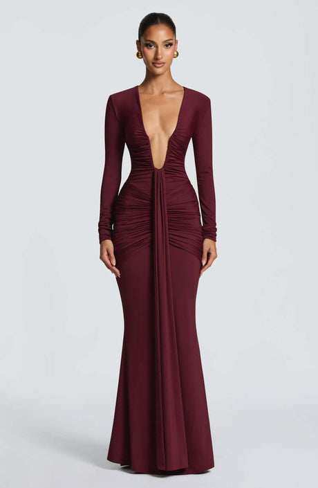 Aurohaya Eléonore Deep Plunge Ruched Mermaid Maxi Dress