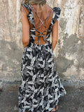 Elegant Hollow Tie Feather Print Ruffle Sleeve Maxi Dress