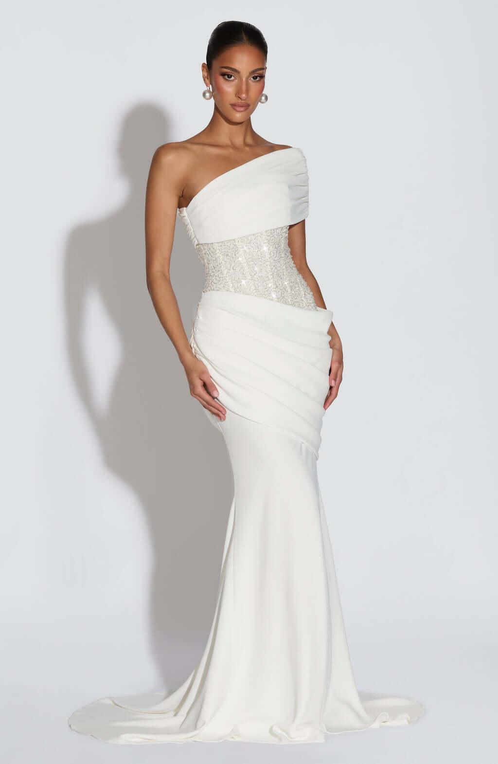 Aurohaya Cléa Asymmetric Off-Shoulder Maxi Dress