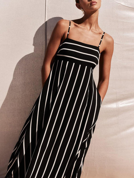 Aurohaya Classic Stripe Printed Stitching Loose Maxi Dress