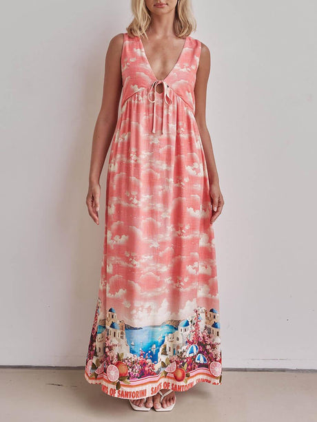 Aurohaya Unique Ink-Print V-Neck Lace-Up Loose-Fitting A-Line Maxi Dress Pink
