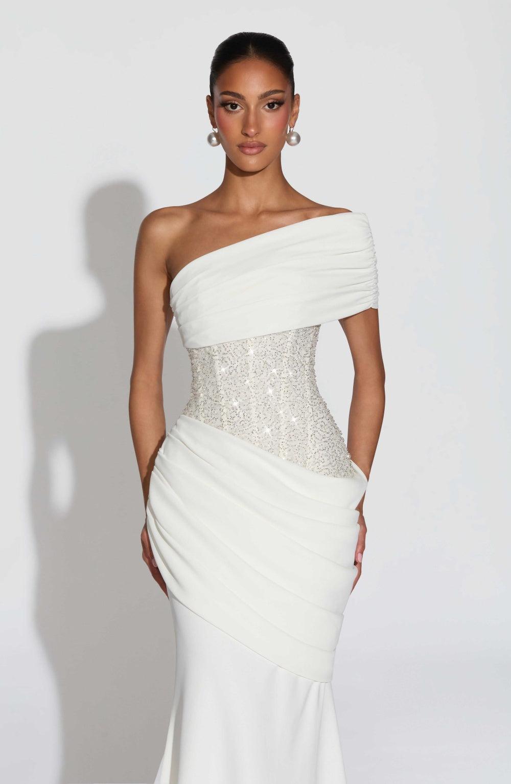 Aurohaya Cléa Asymmetric Off-Shoulder Maxi Dress