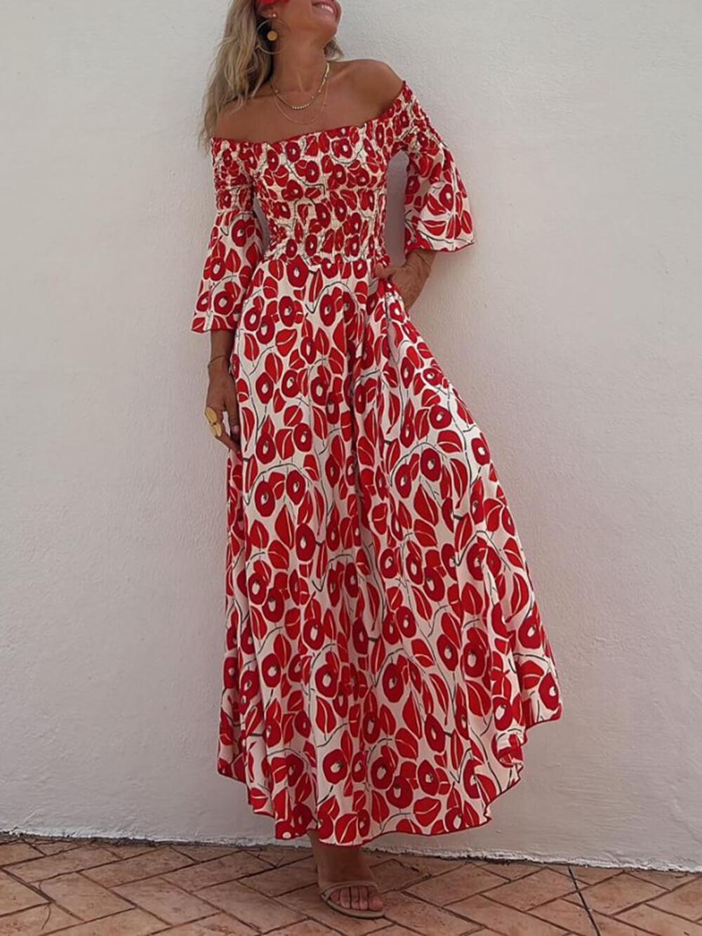 Aurohaya Floral Print Smocked Off Shoulder Pocketed Maxi Dress