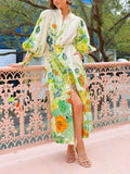 Unique Print Lantern Sleeve Cream Cardigan Style Shirt Dress