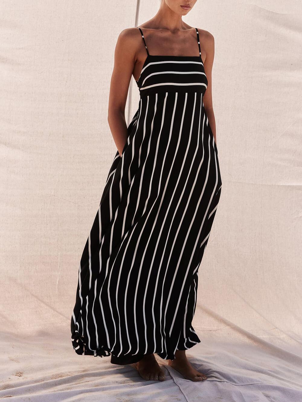 Aurohaya Classic Stripe Printed Stitching Loose Maxi Dress