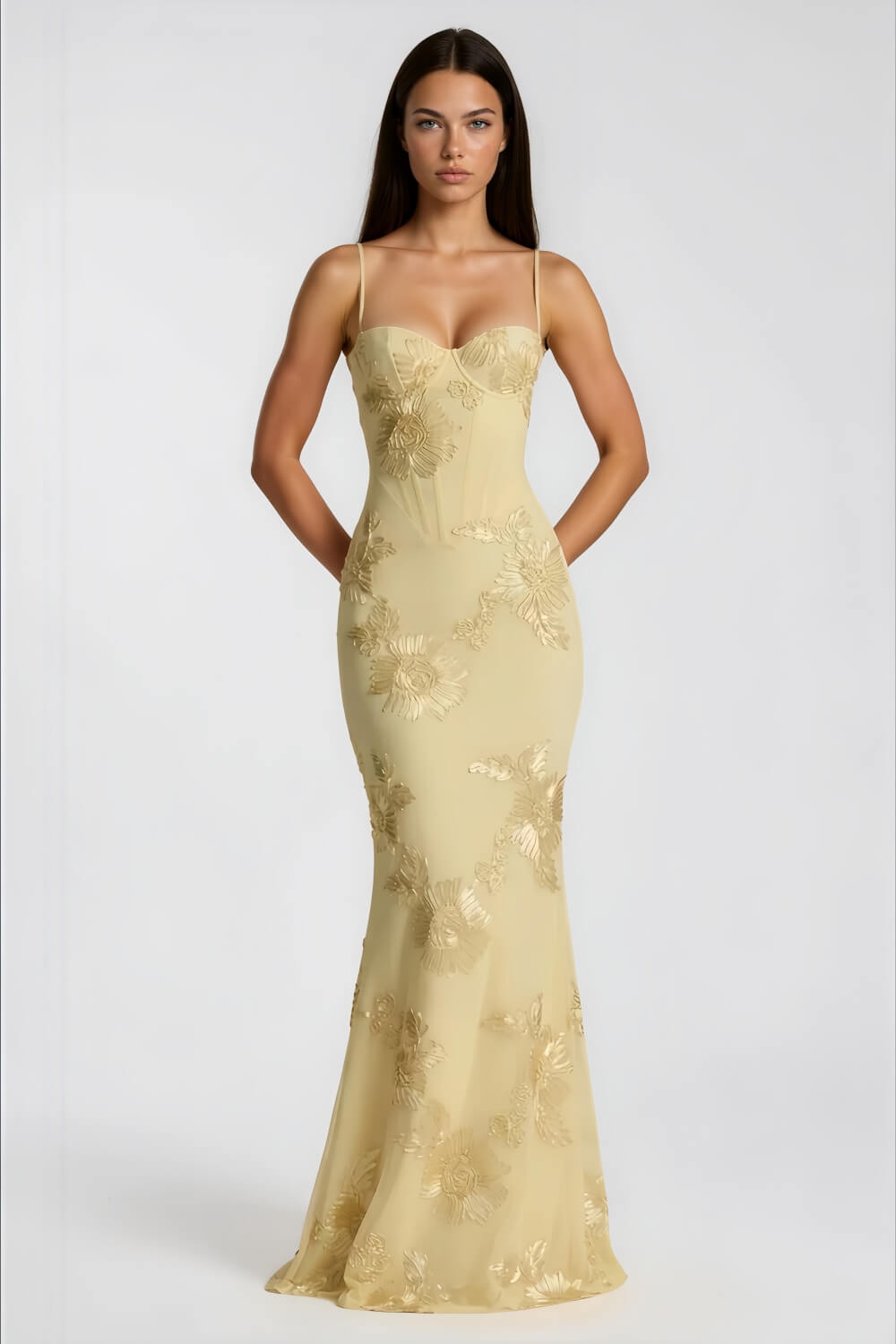 Aurohaya Émeline Floral Appliqué Corset Maxi Dress Yellow