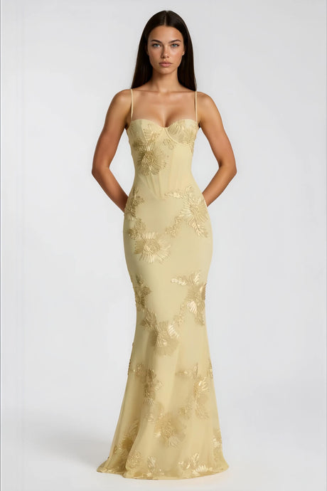 Aurohaya Émeline Floral Appliqué Corset Maxi Dress Yellow