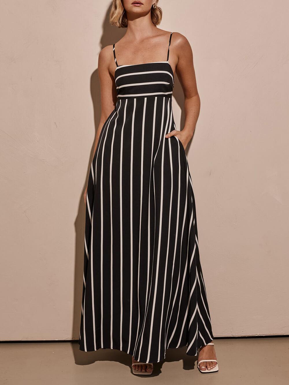 Aurohaya Classic Stripe Printed Stitching Loose Maxi Dress Black