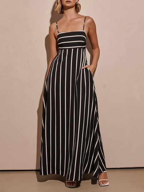 Aurohaya Classic Stripe Printed Stitching Loose Maxi Dress Black
